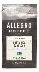 Allegro Coffee El Volcán whole bean bag shows sustainable sourcing and flavor potential.