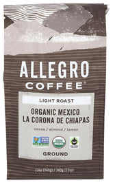 Allegro Coffee Mexico Light Roast ground 12oz offers balanced aroma for everyday mornings.