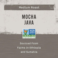 Allegro Coffee Mocha Java bag label, showcasing blend origin and careful sourcing for reliable flavor.
