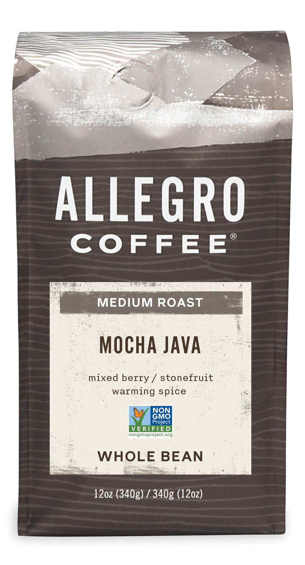 Allegro Coffee Mocha Java whole bean 12oz, ready for a fresh grind and rich morning brew.