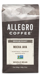 Allegro Coffee Mocha Java whole bean 12oz, ready for a fresh grind and rich morning brew.