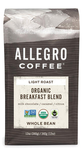 Allegro Coffee Organic Breakfast Blend whole bean bag enhances mornings with a vibrant aroma.