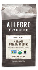 Allegro Coffee Organic Breakfast Blend whole bean bag enhances mornings with a vibrant aroma.