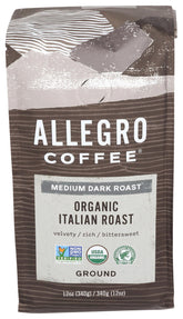 Allegro Coffee Organic Italian Roast ground coffee 12oz package with bold aroma for espresso and brew.