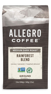 Allegro Coffee Rainforest Blend ground coffee bag showing premium packaging for everyday breakfasts