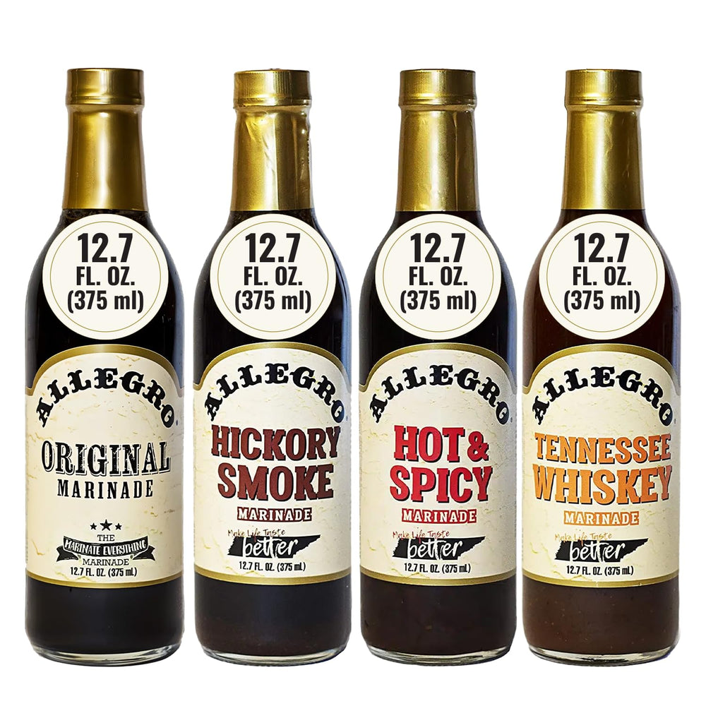 Allegro Original Marinade bottle pouring for versatile meats and vegetables.