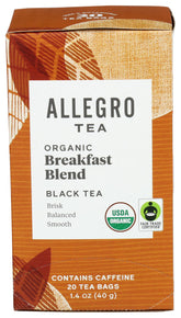 Allegro Tea Organic Breakfast Blend tea bags for a brisk morning pick-me-up.