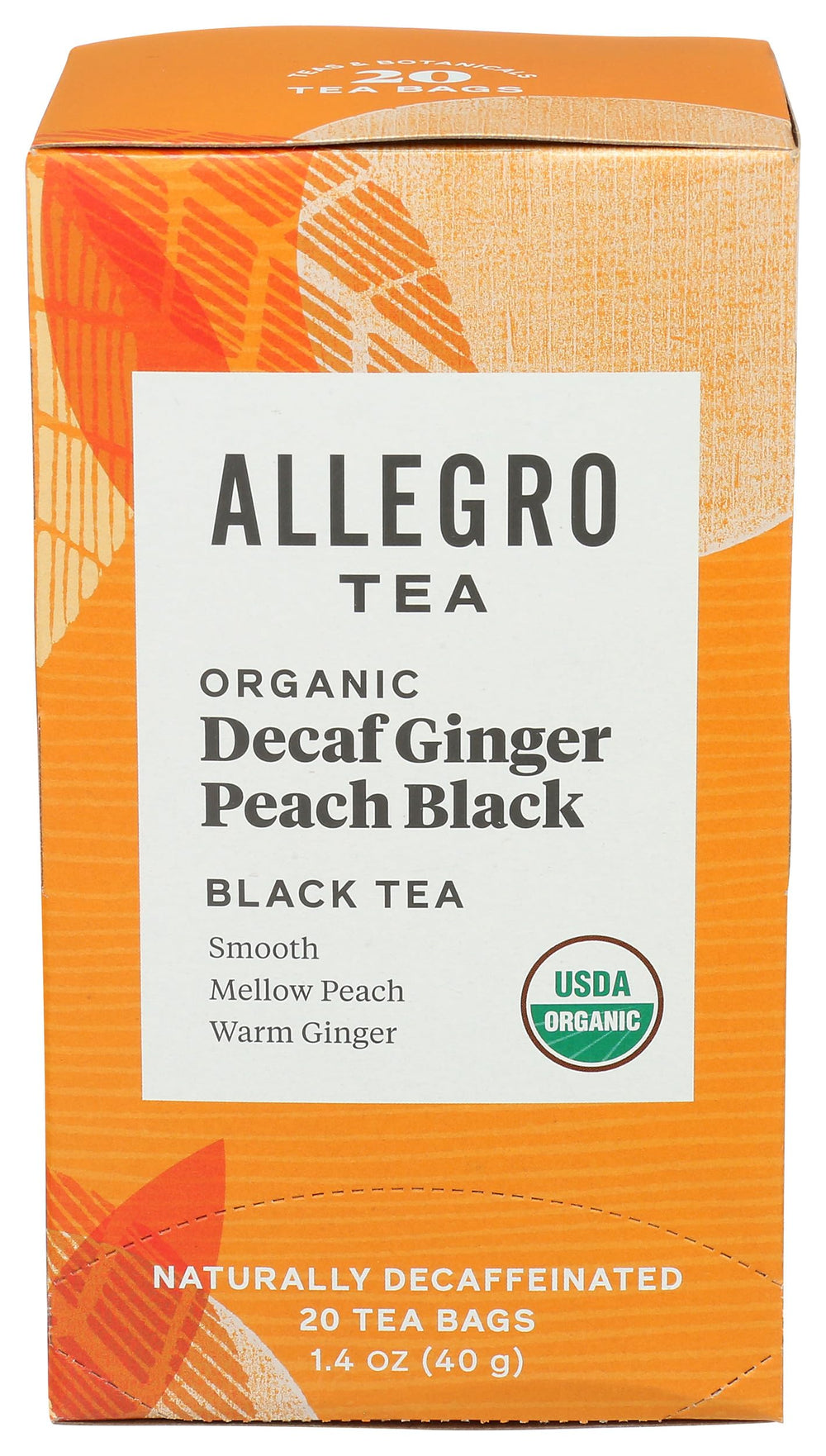 Allegro Tea organic decaf ginger peach bags front view, ideal for afternoon refreshment.