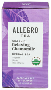 Allegro Tea Relaxing Chamomile tea bags offer a caffeine-free, soothing ritual.