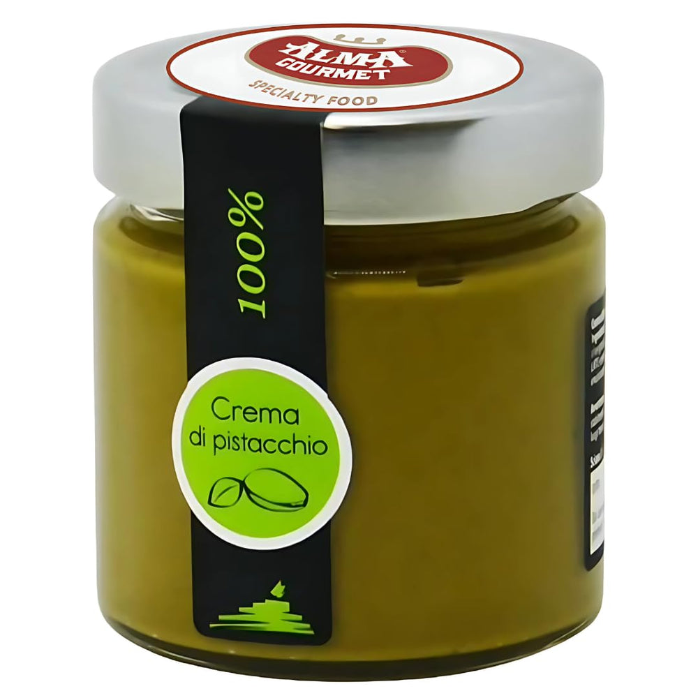 Alma Gourmet 100% Pistachio Butter Spread jar with creamy texture, ideal for spreading on toast.