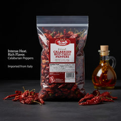 Alma Gourmet dried chili peppers closeup, premium Calabrian spice for stocks and oils