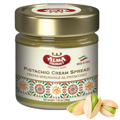 Alma Gourmet Sicilian Pistachio Spread jar highlighting premium flavor for desserts