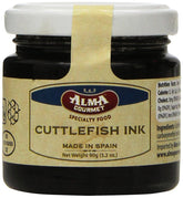 Alma Gourmet squid ink in a glass jar adds vivid color to seafood dishes.