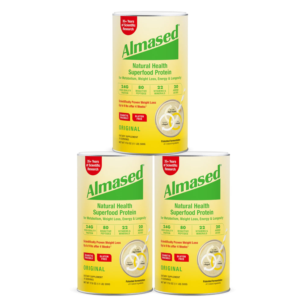 Almased Original bottle close-up for easy shake preparation.
