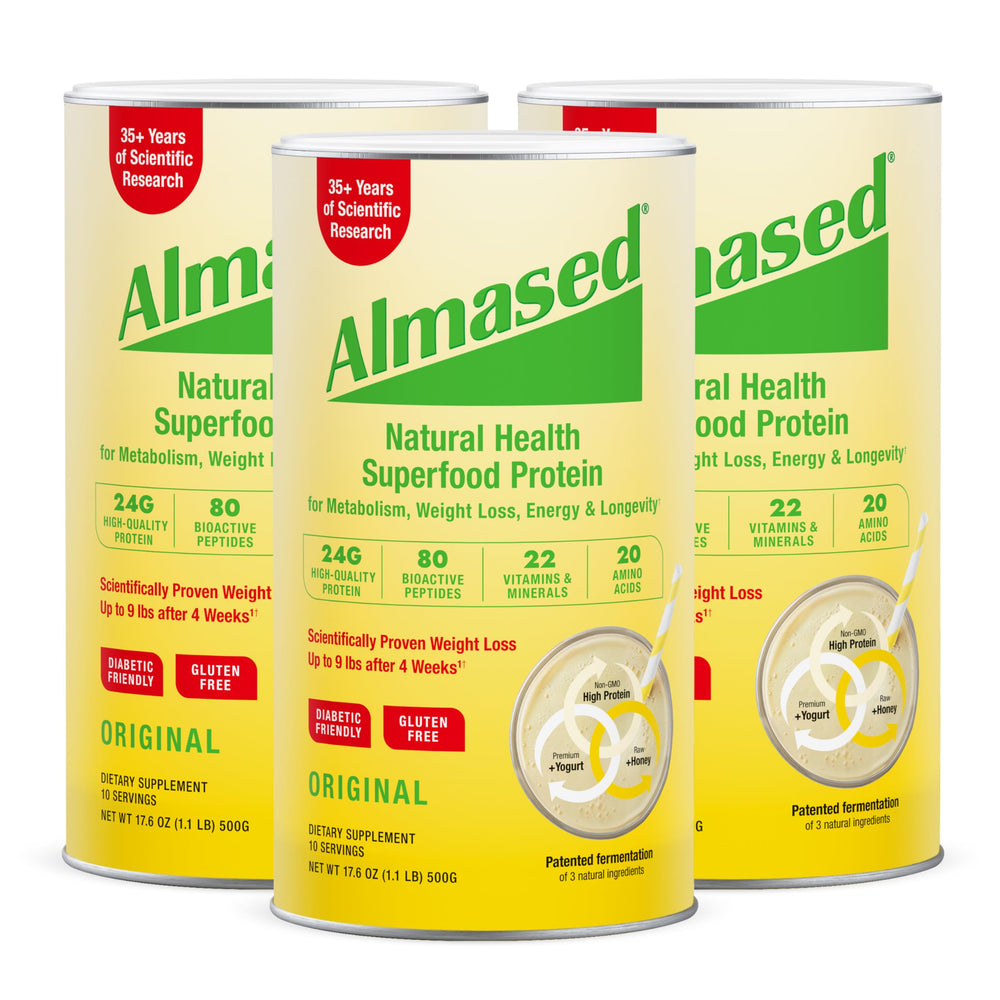 Almased Original shake bottle ready to mix for a convenient daily meal replacement.