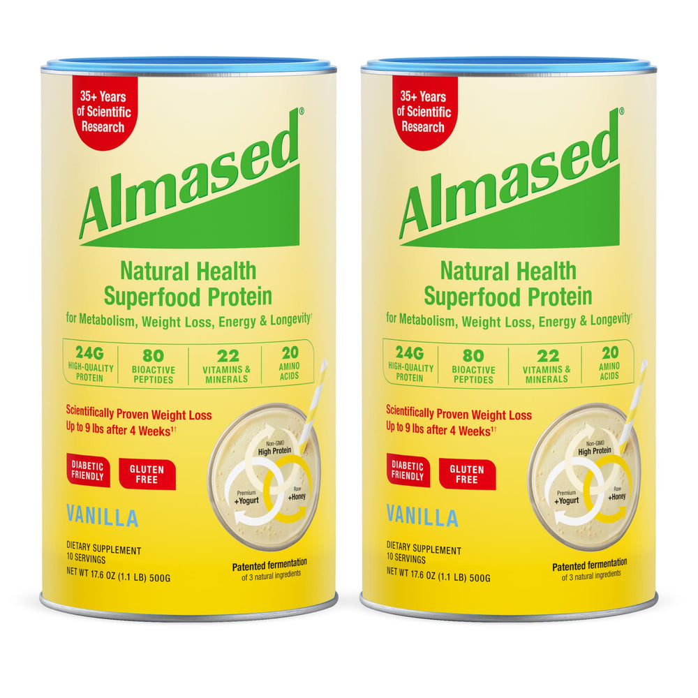 Almased vanilla shake poured into a glass for a quick gluten-free meal