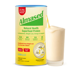 Almased Vanilla meal replacement tub front showing clean protein label and branding
