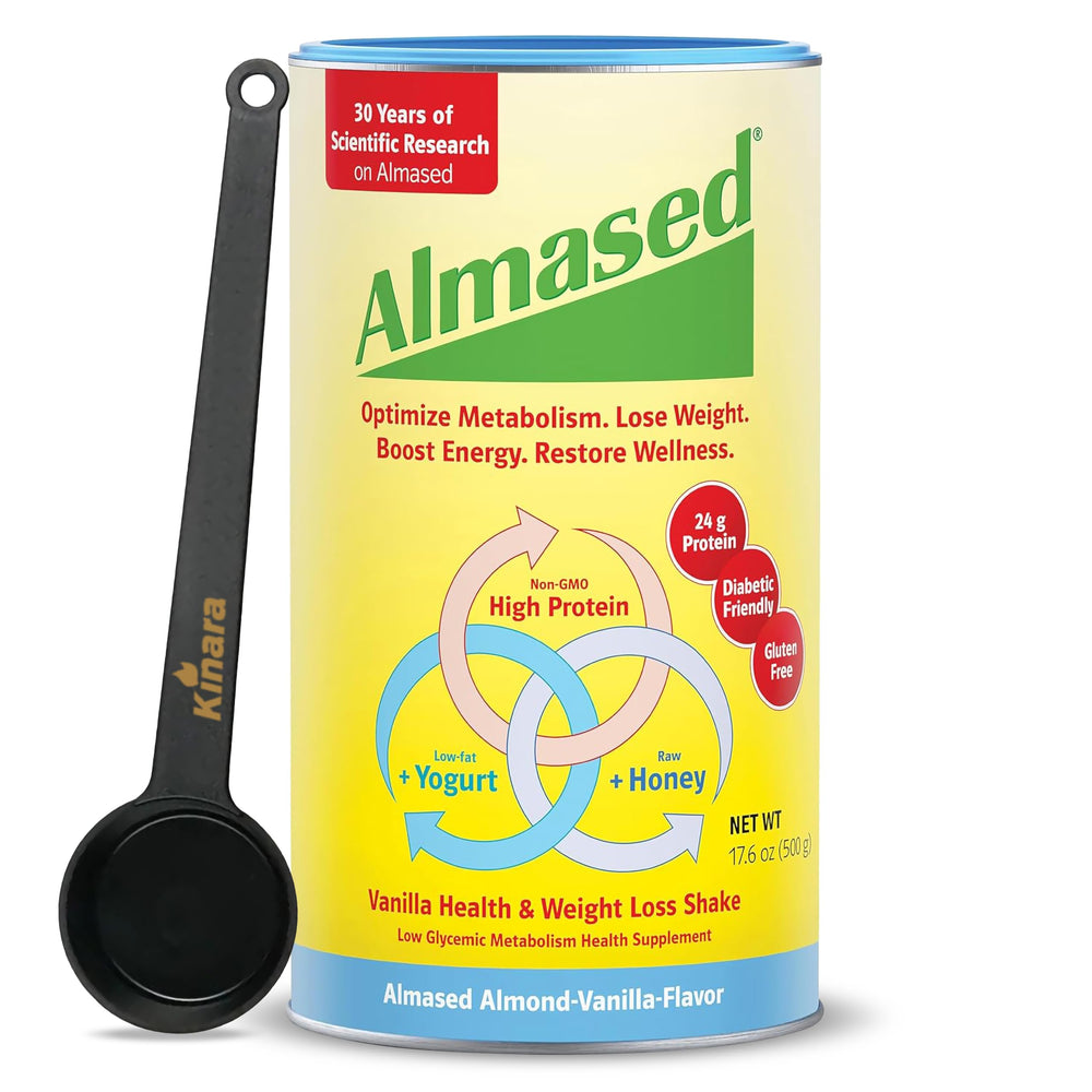 Almased vanilla protein powder bottle demonstrates a convenient meal replacement option