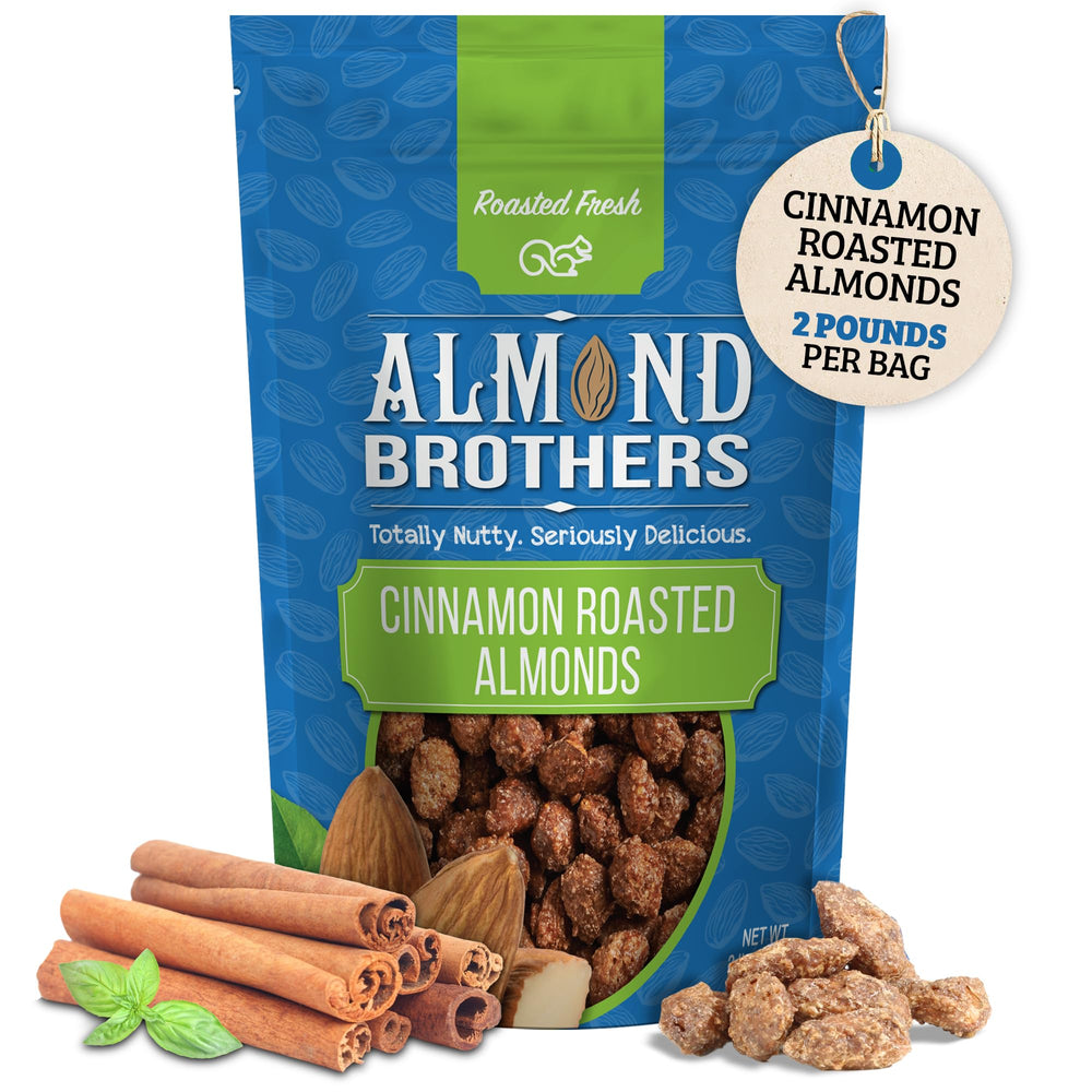 Almond Brothers cinnamon glazed almonds in a bowl, pantry-ready snack.