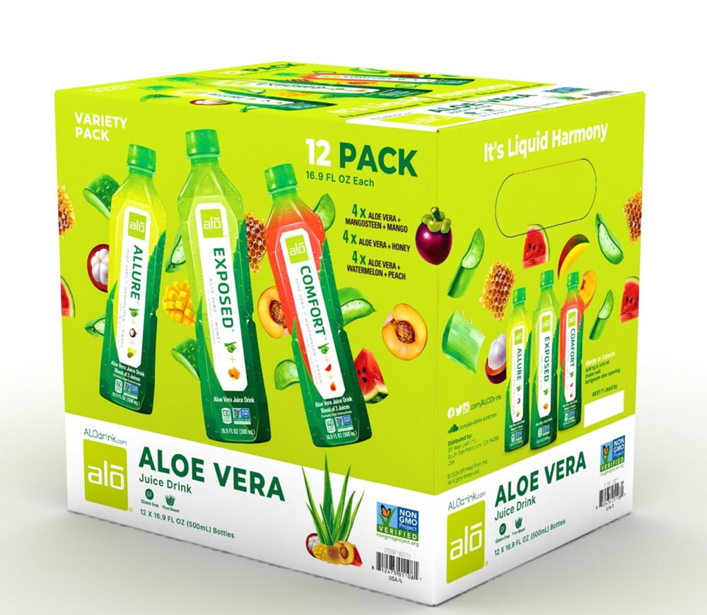 ALO Aloe Vera Juice variety pack front display for easy flavor selection and daily hydration.