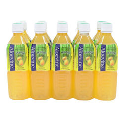 Aloevine Mango bottle shows tropical flavor and aloe pulp for refreshing on-the-go hydration.