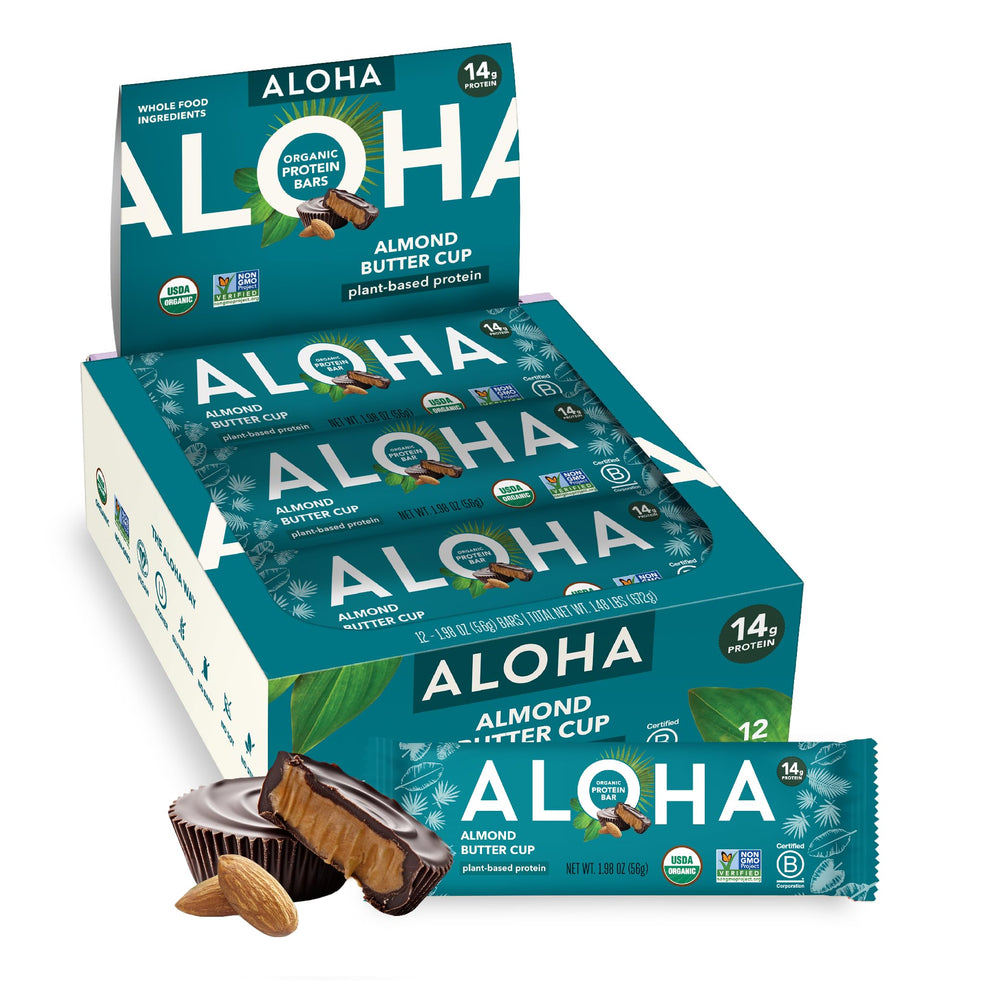 ALOHA Almond Butter Cup bars box for on-the-go snacking.