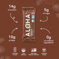 ALOHA bar closeup texture highlights real chocolate chips and creamy cashew butter.