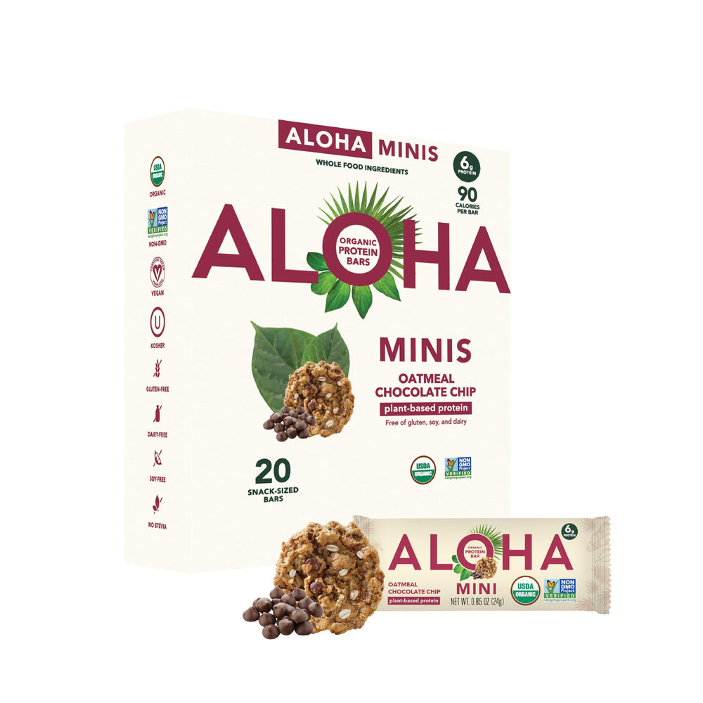 ALOHA Minis Oatmeal Chocolate Chip bar packaging highlights gluten-free oats for on-the-go protein
