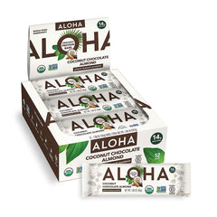 ALOHA coconut chocolate almond protein bars, 12-pack, convenient snack for on-the-go fueling.
