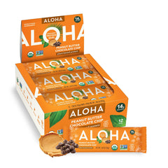 ALOHA organic protein bar box showing peanut butter chocolate chip flavor