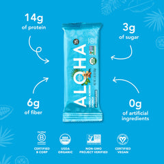 ALOHA Vanilla Almond Crunch bar ingredients close-up emphasizes whole-food ingredients.