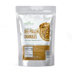 Packaging of Alovitox Bee Pollen Granules 8oz highlighting gluten-free, nutrient-dense superfood.