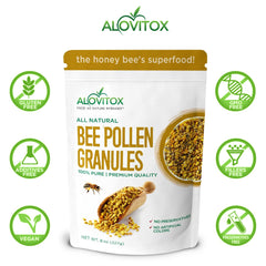 Close-up of Alovitox Bee Pollen Granules showing natural texture and protein-friendly granules.