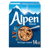 Alpen Muesli No Sugar Added in a bowl, fiber-rich breakfast.