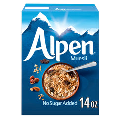 Alpen Muesli No Sugar Added in a bowl, fiber-rich breakfast.