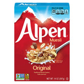 Alpen Original Muesli bowl with milk showing whole grains and nuts for a hearty breakfast.
