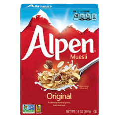 Alpen Original Muesli bowl with milk showing whole grains and nuts for a hearty breakfast.