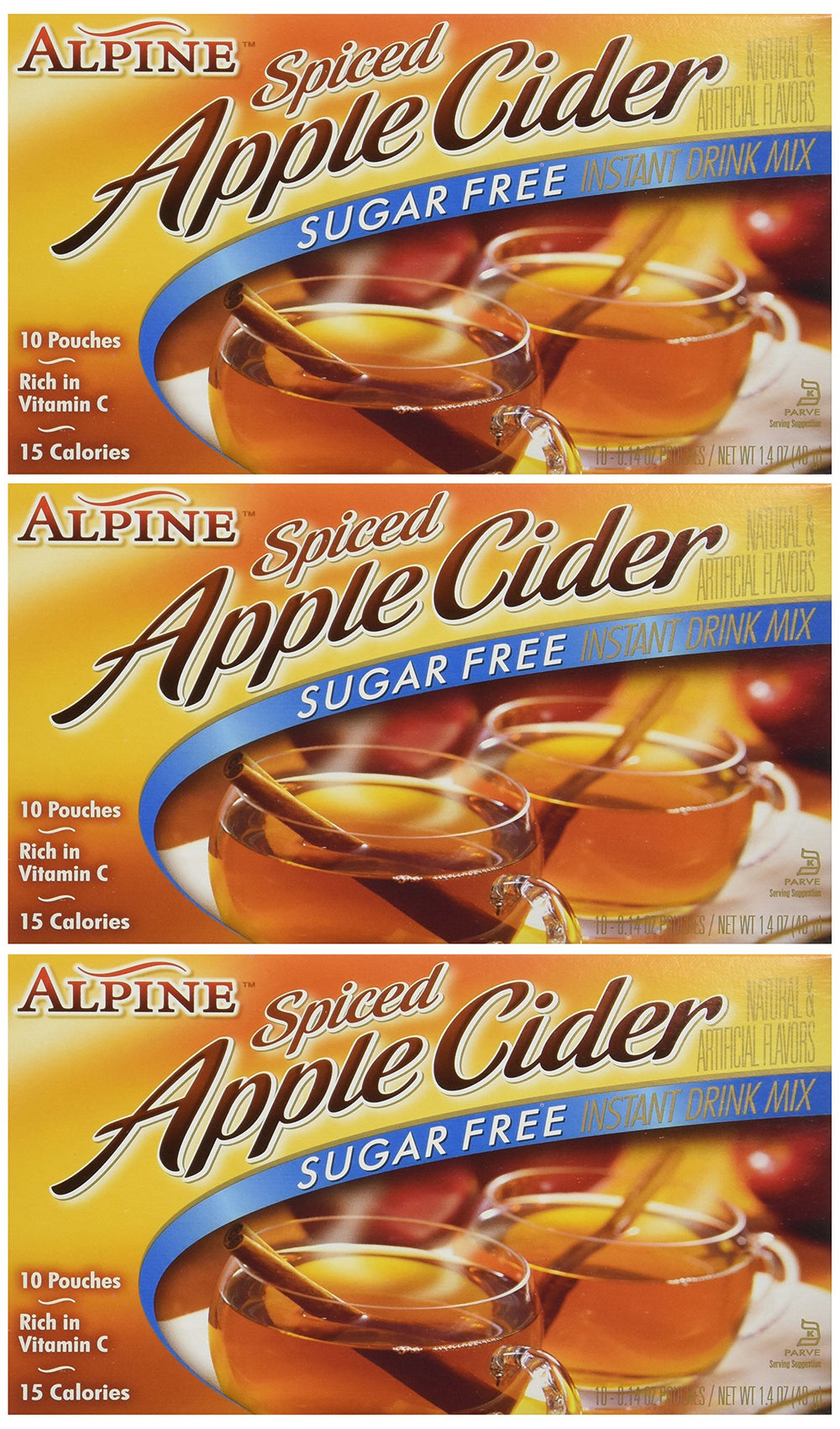 Alpine Spiced Cider box with three sugar-free packets for easy mixing.