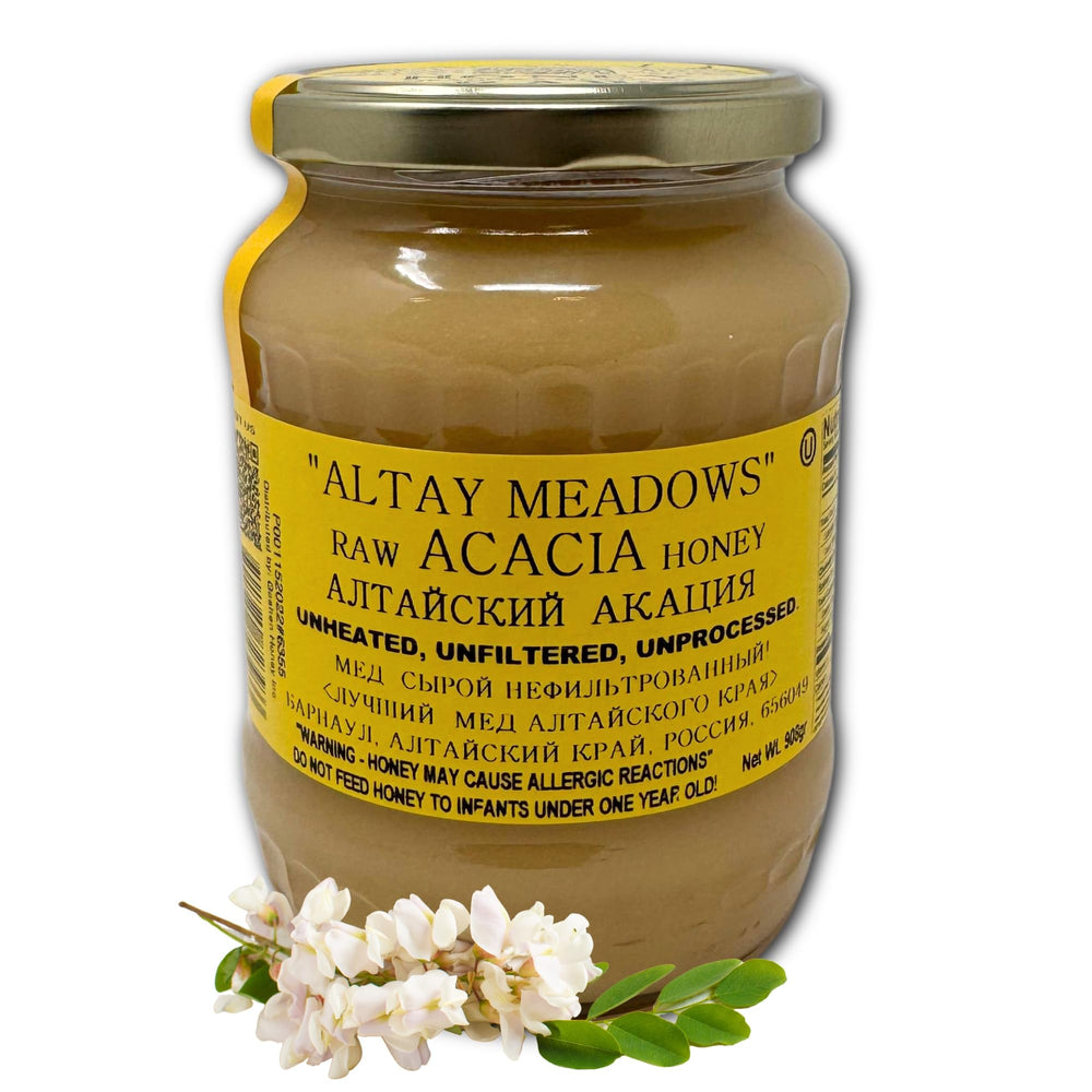 Altay Meadows Acacia Honey in a glass jar, pure and ethically sourced for versatile sweetness.
