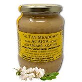 Altay Meadows Acacia Honey in a glass jar, pure and ethically sourced for versatile sweetness.