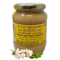 Altay Meadows Acacia Honey in a glass jar, pure and ethically sourced for versatile sweetness.