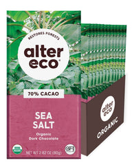 Alter Eco dark chocolate bar 70 percent cacao with sea salt for bold flavor.
