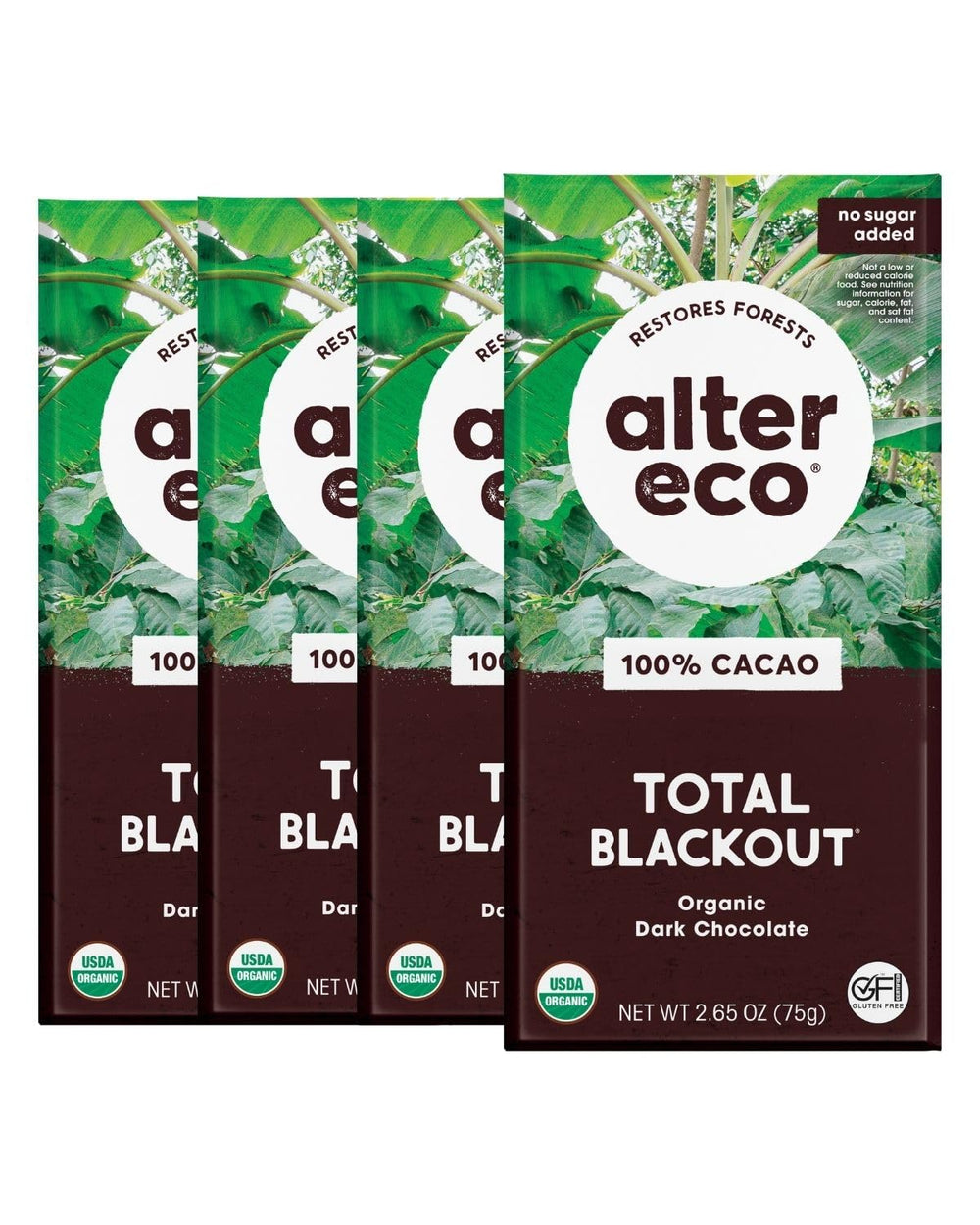 Alter Eco dark chocolate bars 4-pack front view ideal for baking and snacking.
