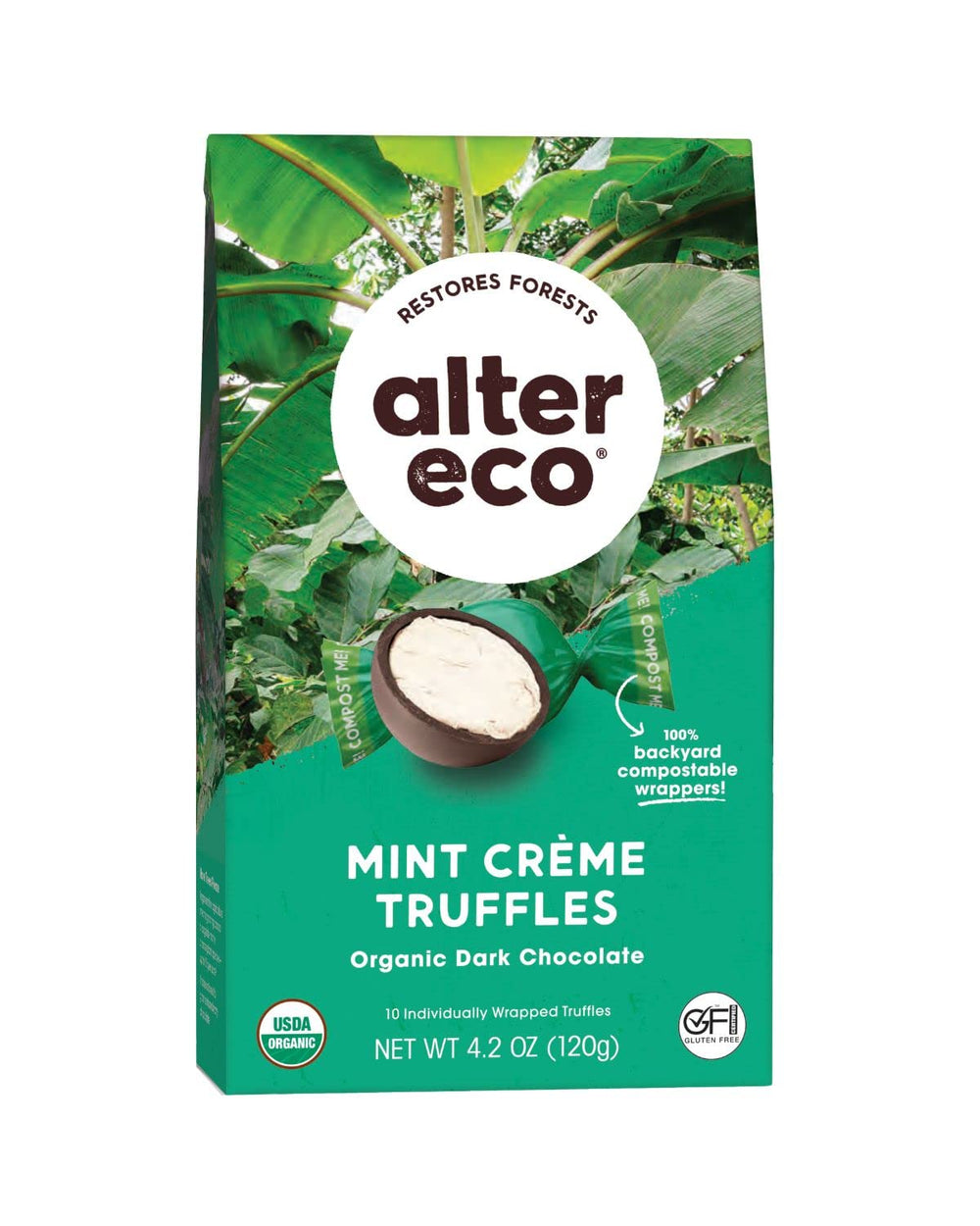 Alter Eco Mint Creme Truffles packaging shows compostable wrappers and a recyclable box