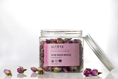 Alteya Organics dried rose buds close-up show vibrant color and fragrance.