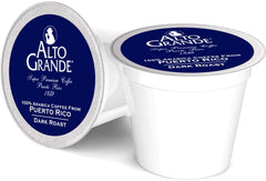 Alto Grande ground dark roast pods in a 72-count box for easy daily brewing.