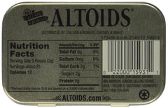 Close-up of Altoids Spearmint tin label for fresh breath on the go.