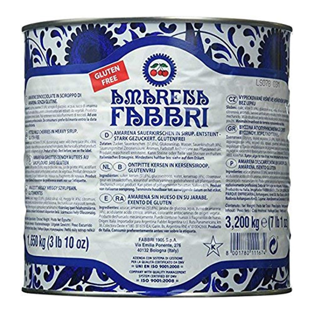 Amarena Fabbri wild cherries in syrup tin, ideal garnish for cocktails and desserts.
