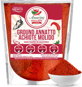 Achiote powder from Amazing Chiles & Spices ground annatto seeds adds vibrant color to dishes.
