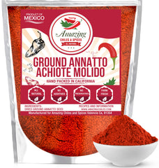 Achiote powder from Amazing Chiles & Spices ground annatto seeds adds vibrant color to dishes.